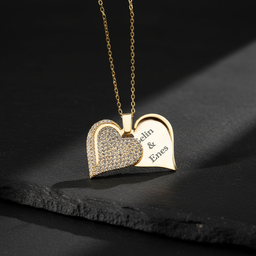 Kişiye Özel Çift Kalp Taşlı Kolye (Gold)