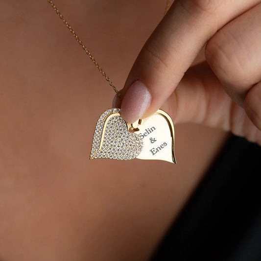 Kişiye Özel Çift Kalp Taşlı Kolye (Gold)
