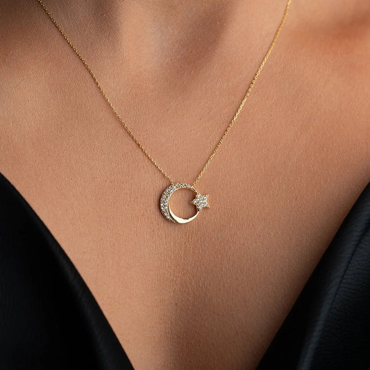 Crescent & Star Zircon Necklace