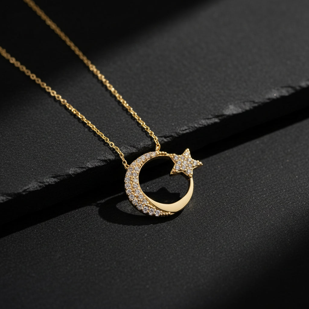 Zirkon Taşlı Ay Yıldız Kolye