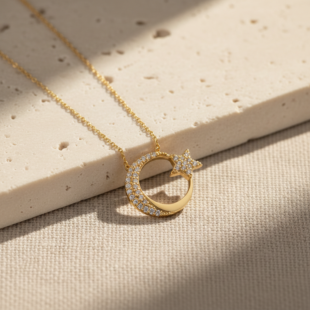 Crescent & Star Zircon Necklace