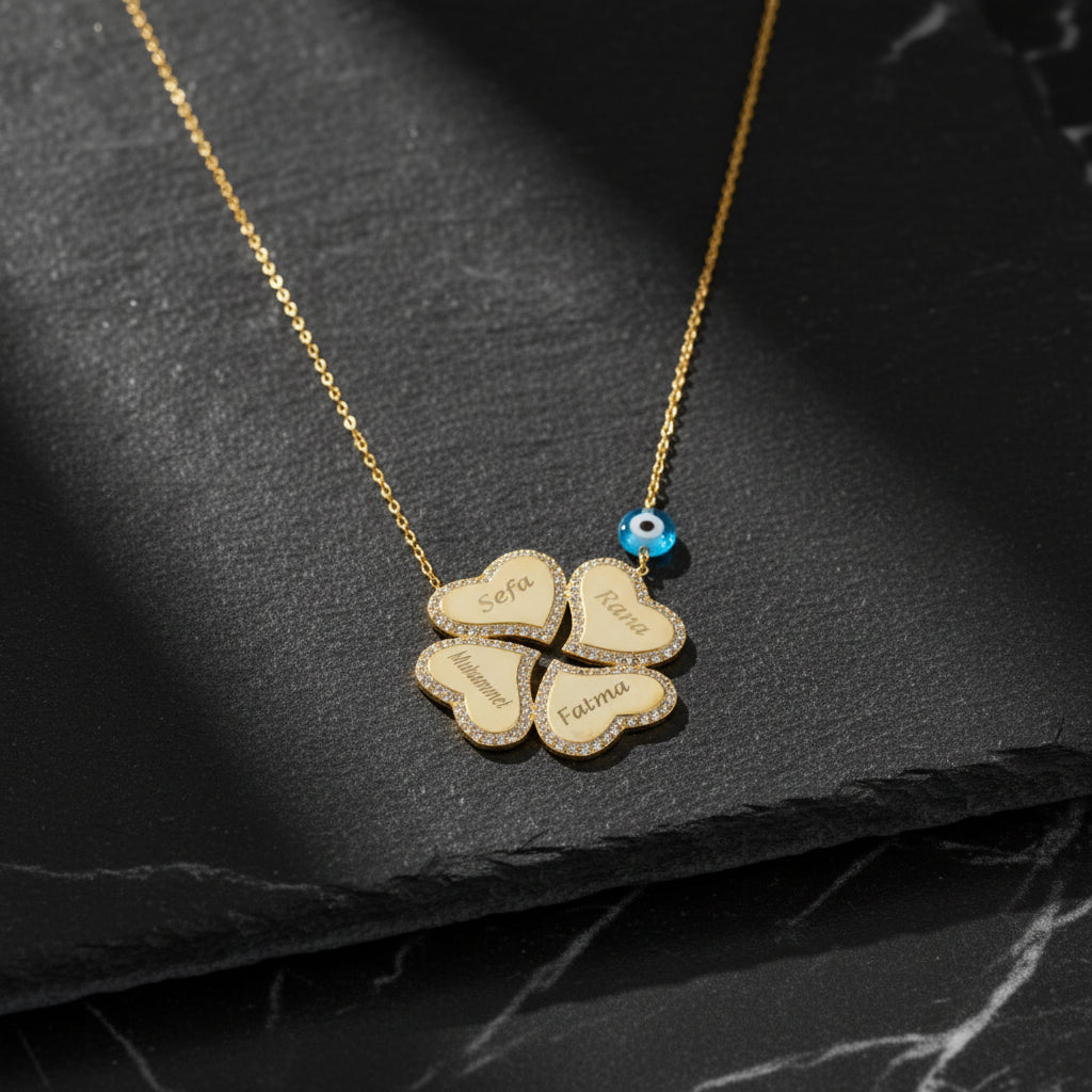 Anneye Özel İsimli Aile Yoncası Kolye