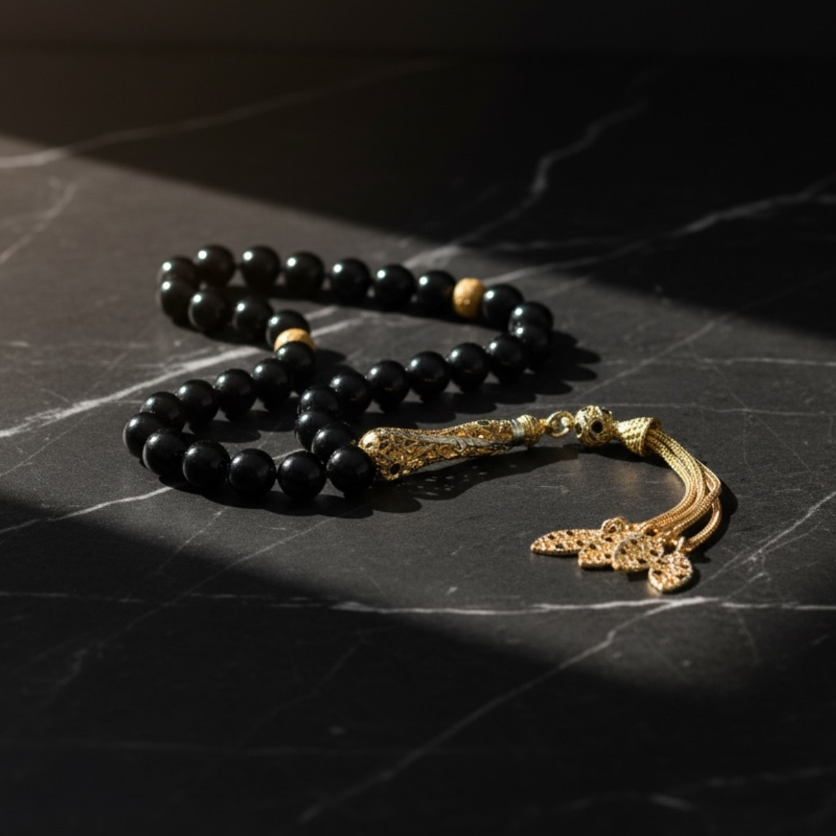 Black Fire Amber Tasbih Gold Plated | 925 Sterling Silver