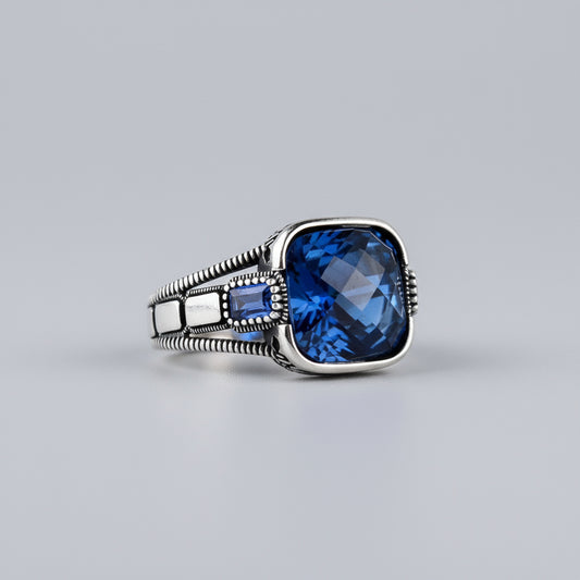 925 Ayar Gümüş Mavi Taşlı Erkek Yüzük