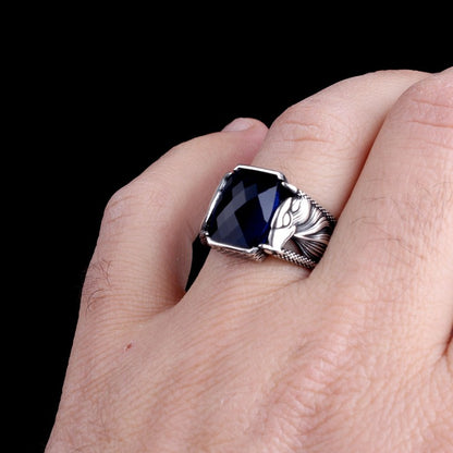 925 Ayar Gümüş Kartal Motifli Mavi Taşlı Erkek Yüzük