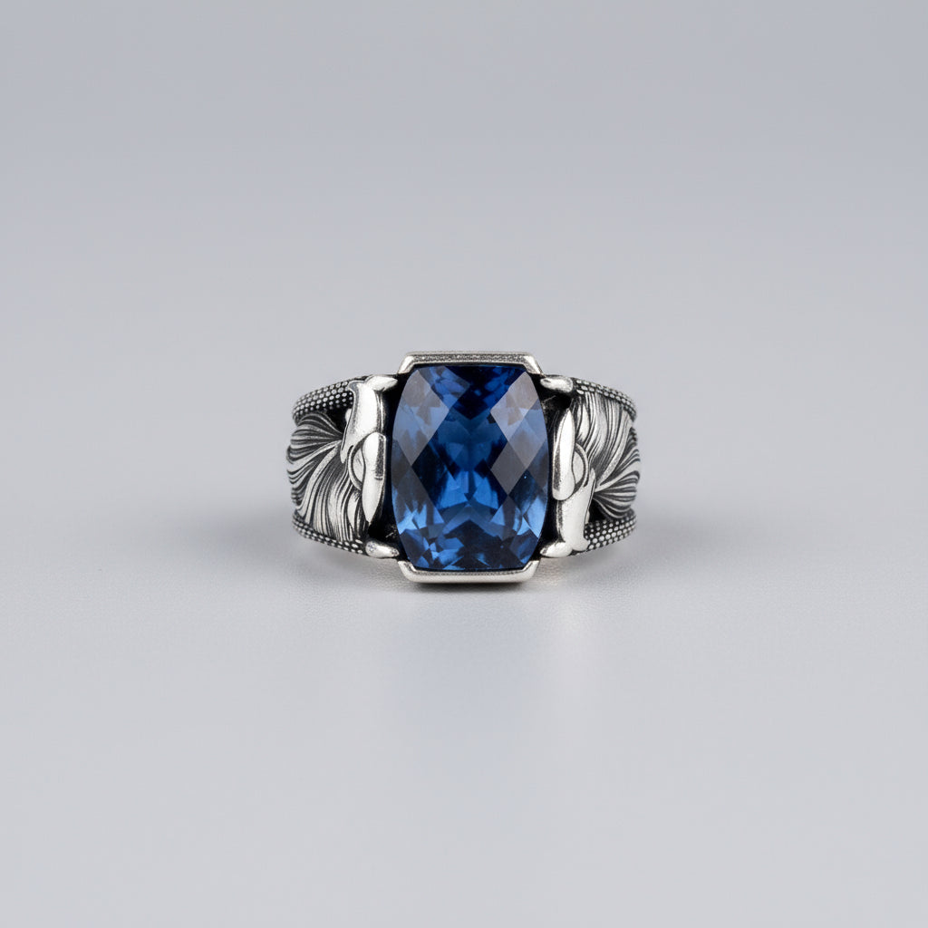 925 Ayar Gümüş Kartal Motifli Mavi Taşlı Erkek Yüzük