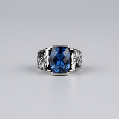 925 Ayar Gümüş Kartal Motifli Mavi Taşlı Erkek Yüzük