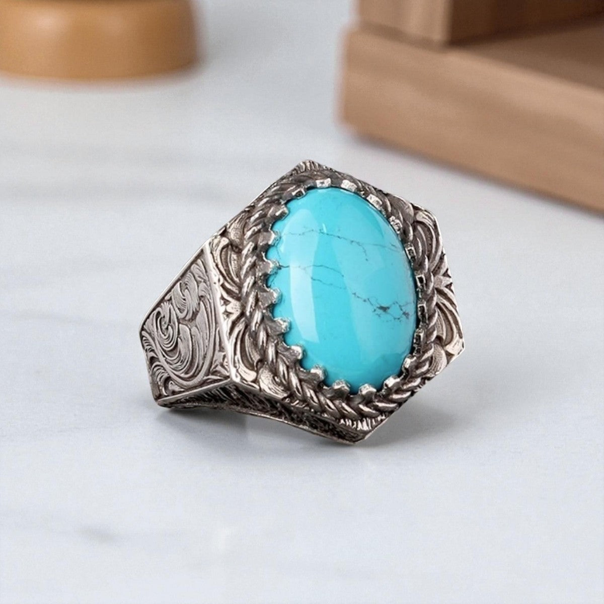 Oval Firuze Taşlı El İşçiliği Erkek Gümüş Yüzük