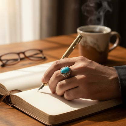 Oval Firuze Taşlı El İşçiliği Erkek Gümüş Yüzük