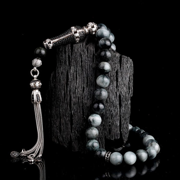 Gri Kaplangözü Tesbih – 925 Ayar Gümüş