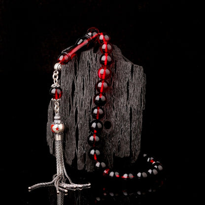 925 Ayar Gümüş Ayyıldız Püsküllü Ateş Kehribar Tesbih