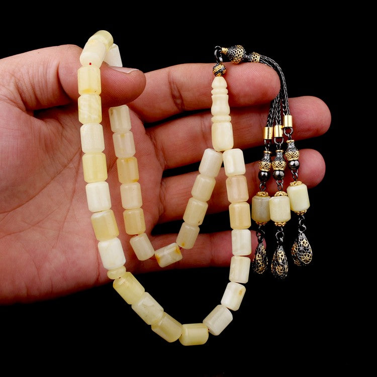 925 Ayar Gümüş Püsküllü Kesme Model Damla Kehribar Tesbih