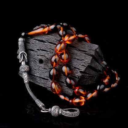 1000 Ayar Gümüş Püsküllü Arpa Kesim Karışık Renk Ateş Kehribar Tesbih