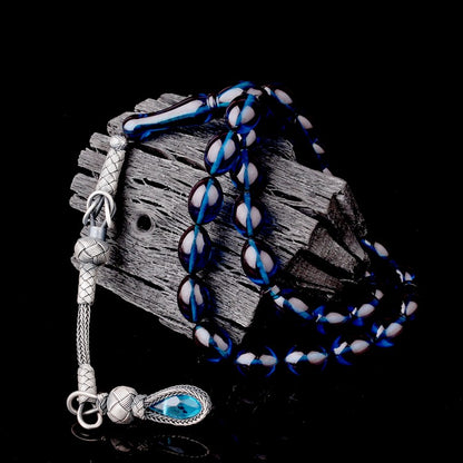 1000 Ayar Gümüş Püsküllü Arpa Kesim Mavi Ateş Kehribar Tesbih