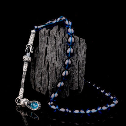 1000 Ayar Gümüş Püsküllü Arpa Kesim Mavi Ateş Kehribar Tesbih