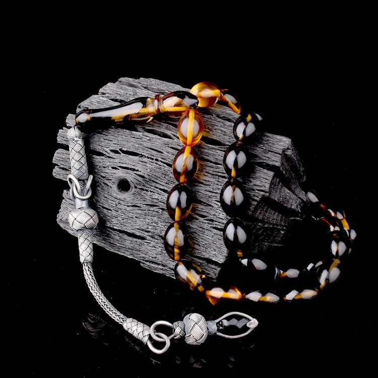 1000 Ayar Gümüş Püsküllü Süzme Ateş Kehribar Tesbih