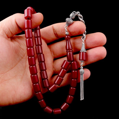 925 Ayar Gümüş Püsküllü Kesme Model Bordo Ateş Kehribar Tesbih