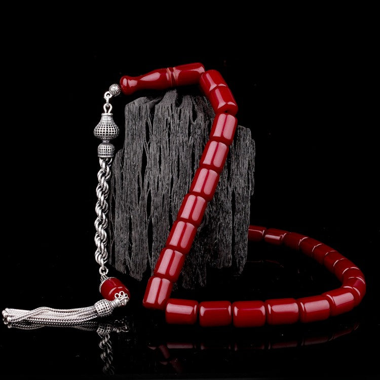 925 Ayar Gümüş Püsküllü Kesme Model Bordo Ateş Kehribar Tesbih