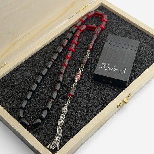 Kişiye Özel Ateş Kehribar Tesbih & Çakmak Hediye Seti