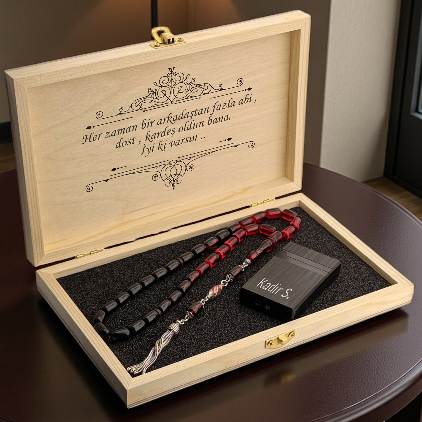 Kişiye Özel Ateş Kehribar Tesbih & Çakmak Hediye Seti
