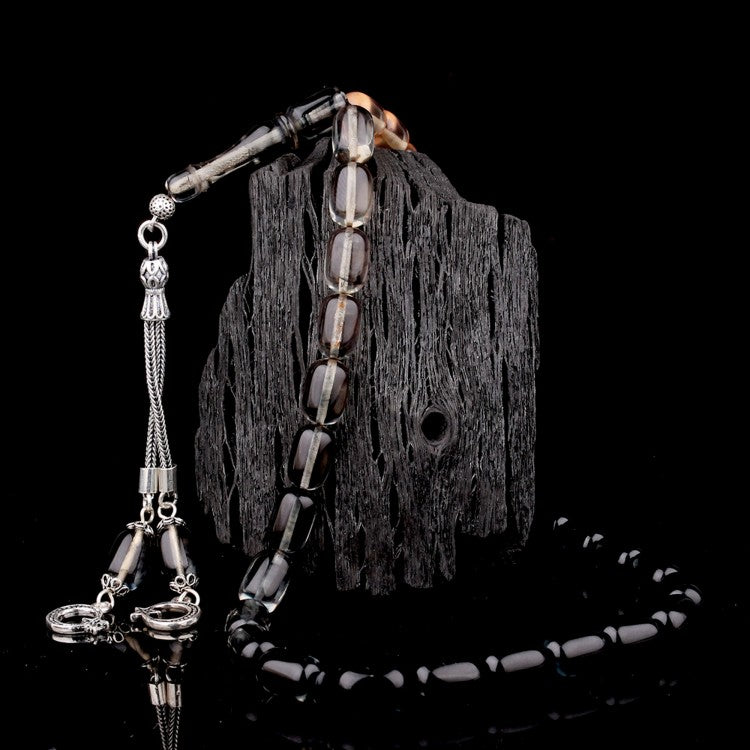 925 Ayar Gümüş Püsküllü Gri-Siyah Süzme Kehribar Tesbih