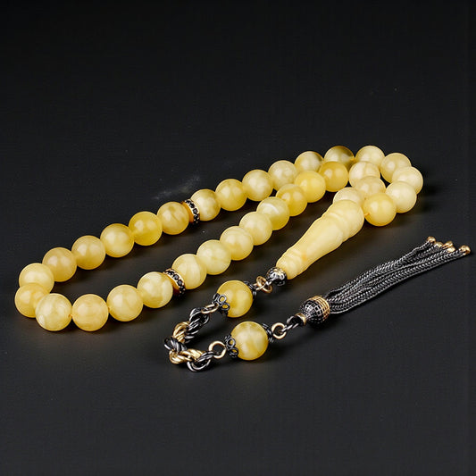 925 Ayar Gümüş Püsküllü Damla Kehribar Tesbih