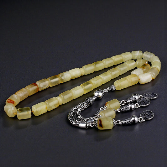 925 Ayar Gümüş Kral Püsküllü Kapsül Kesim Damla Kehribar Tesbih