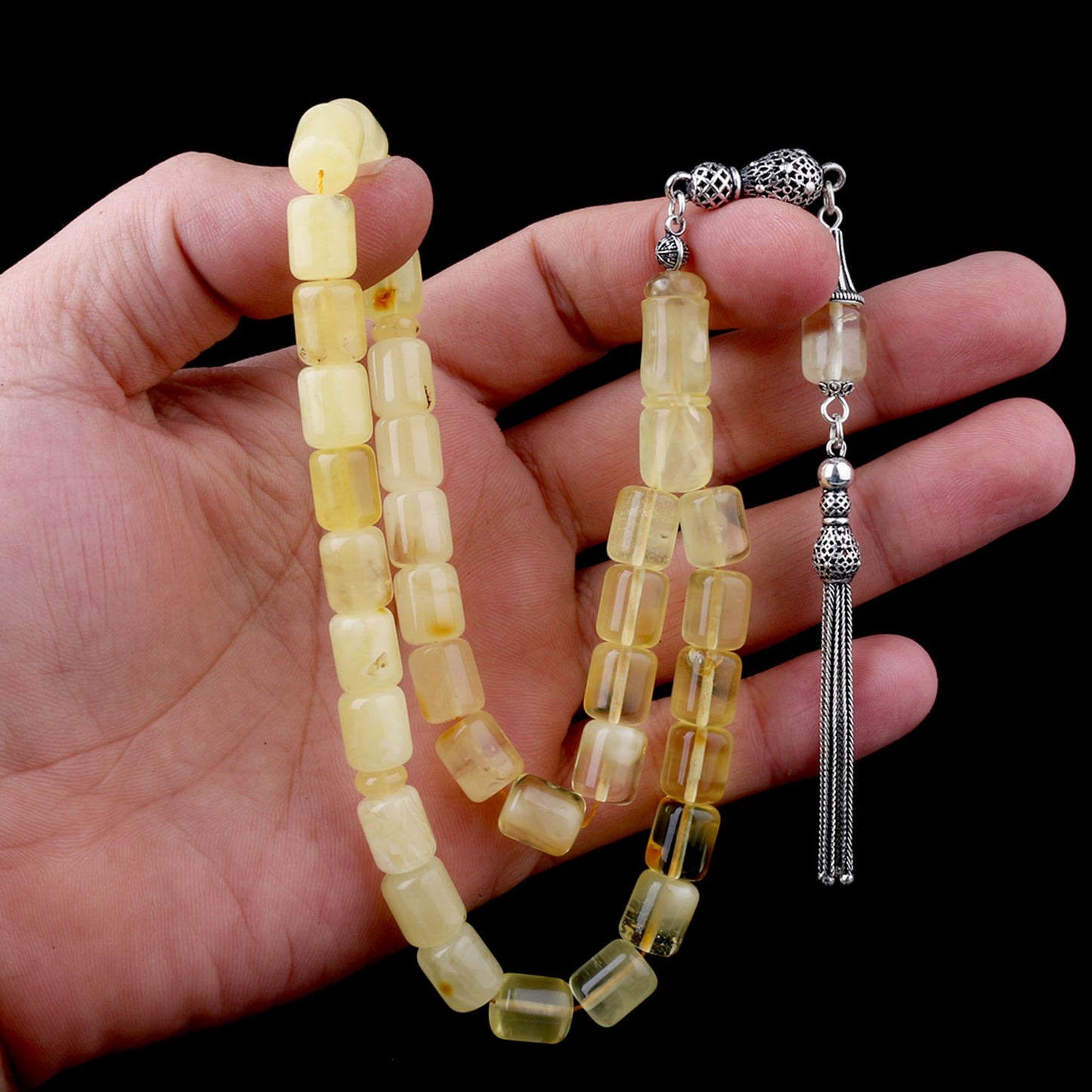 925 Ayar Gümüş Püsküllü Kapsül Kesim Damla Kehribar Tesbih