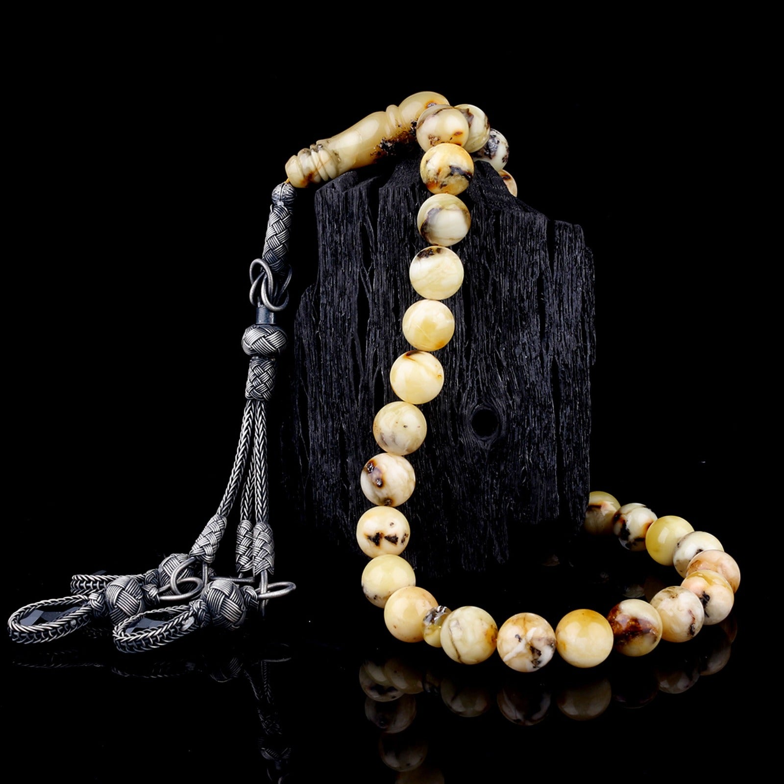Round-Cut Yellow & Black Amber Tasbih | Kazaz Silver Tassel