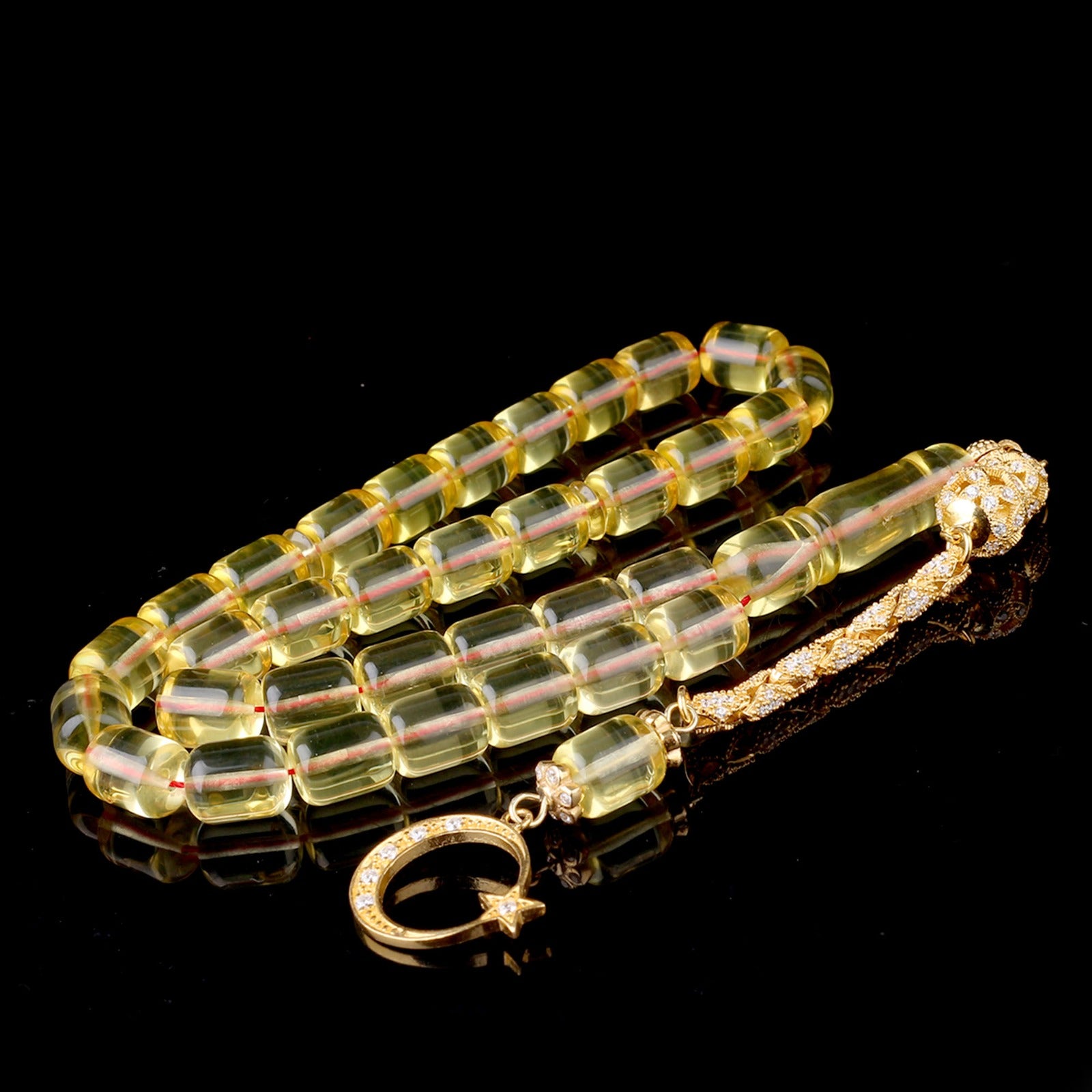 Transparent Yellow Amber Tasbih – Crescent & Star | Silver Tassel