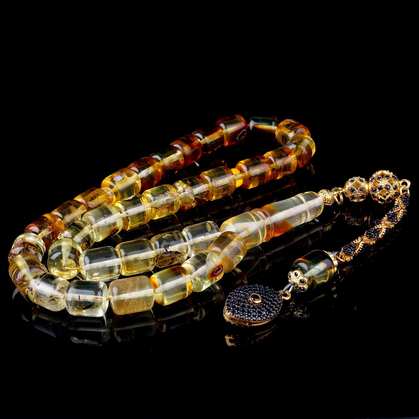 Kapsül Kesim Sarı-Siyah Damla Kehribar Tesbih