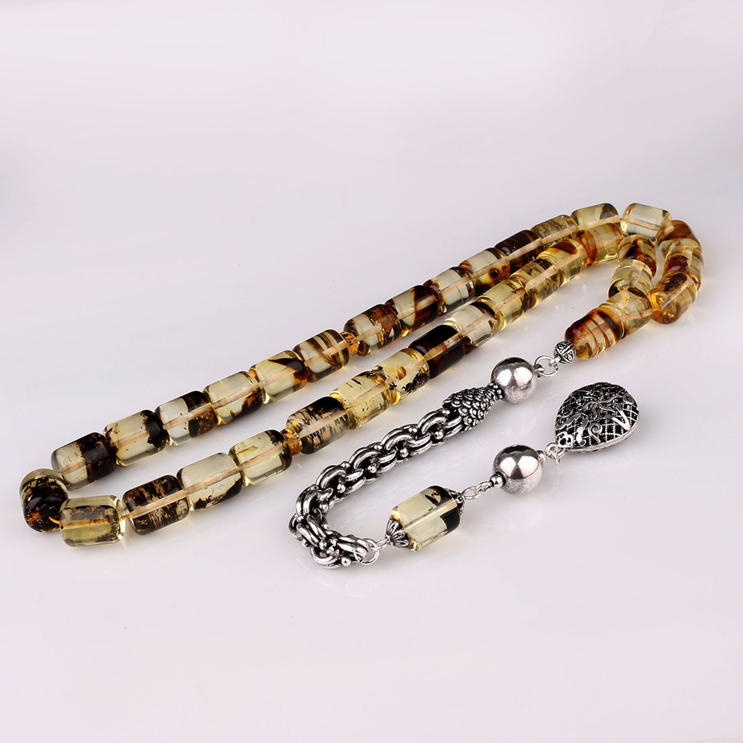 Fosilli Damla Kehribar Tesbih Kapsül Kesim