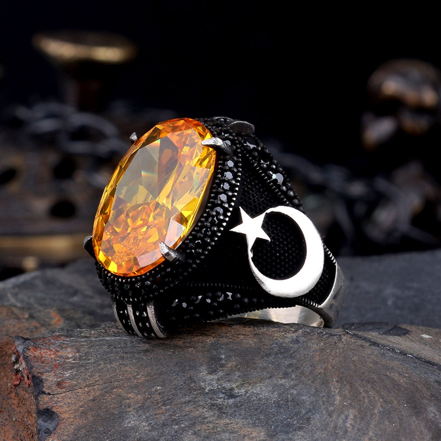 925 Ayar Gümüş Sarı Zirkon Ayyıldız Erkek Yüzük