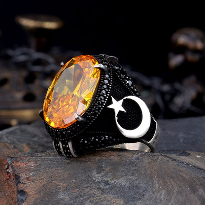 925 Ayar Gümüş Sarı Zirkon Ayyıldız Erkek Yüzük