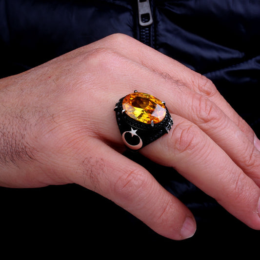 925 Ayar Gümüş Sarı Zirkon Ayyıldız Erkek Yüzük