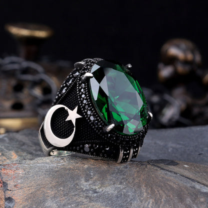 925 Ayar Gümüş Yeşil Zirkon Taşlı Ayyıldız Model Yüzük