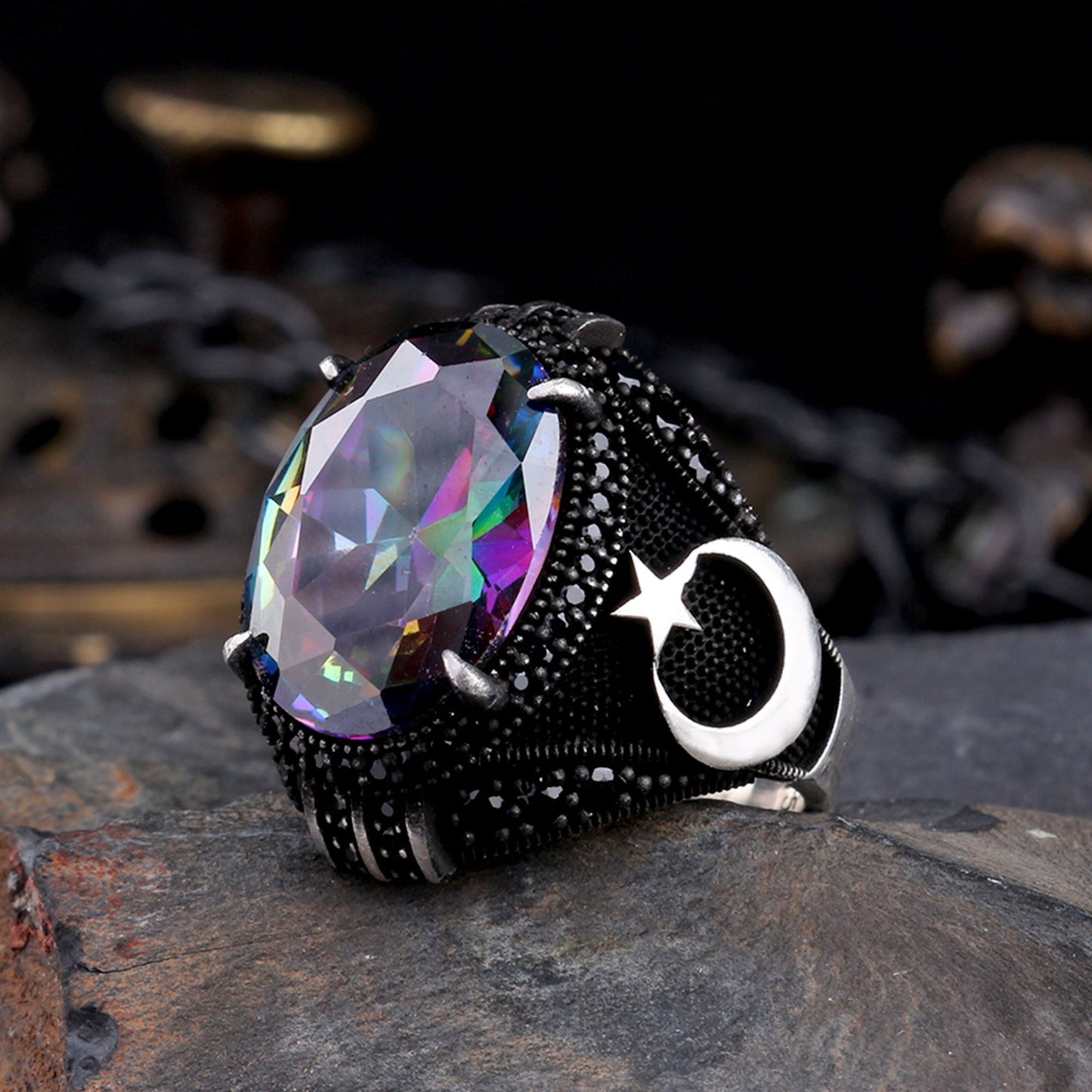 925 Ayar Gümüş Mistik Topaz Taşlı Ayyıldız Model Yüzük