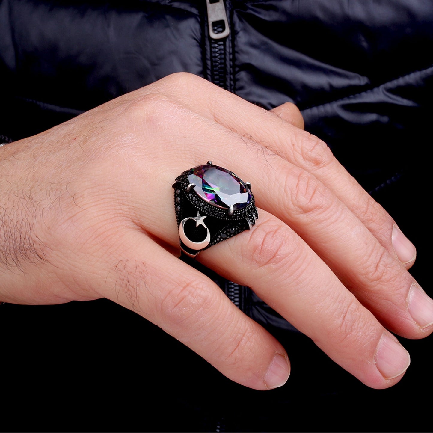 925 Ayar Gümüş Mistik Topaz Taşlı Ayyıldız Model Yüzük