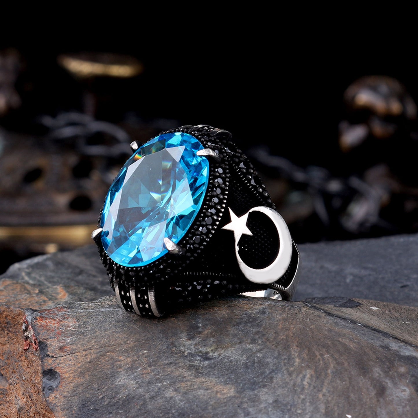 925 Ayar Gümüş Aqua Marin Zirkon Taşlı Ayyıldız Model Yüzük