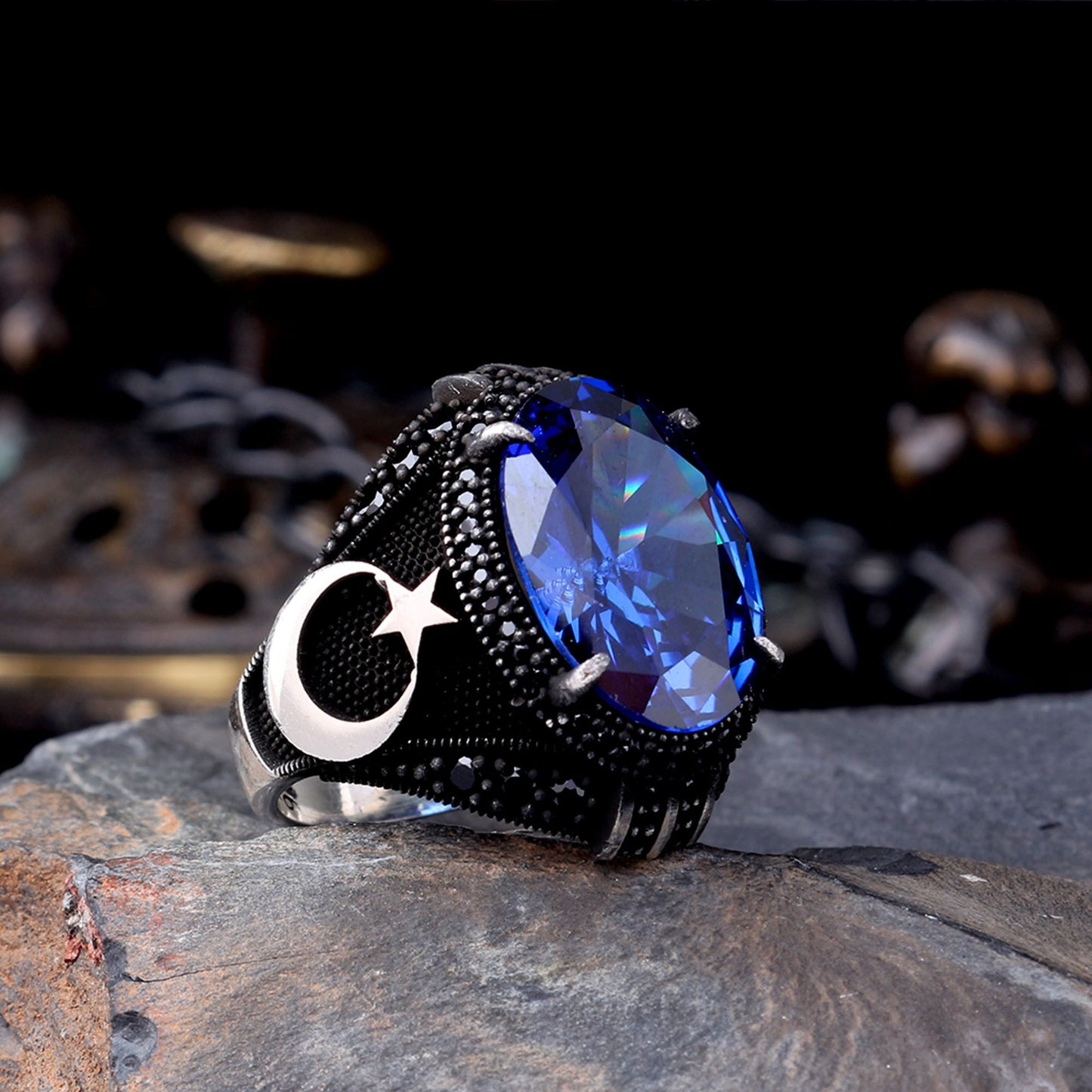 925 Ayar Gümüş Lacivert Zirkon Taşlı Ayyıldız Model Yüzük