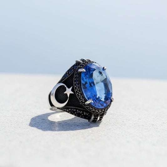 925 Ayar Gümüş Lacivert Zirkon Taşlı Ayyıldız Model Yüzük