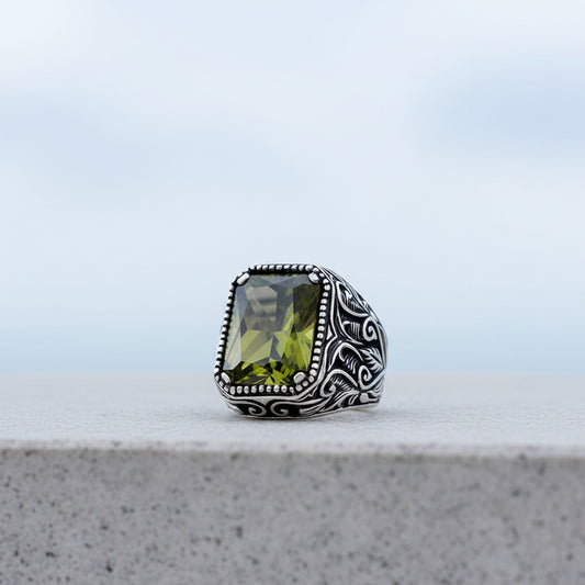 925 Ayar Gümüş Haki Zirkon Taşlı Erkek Yüzük