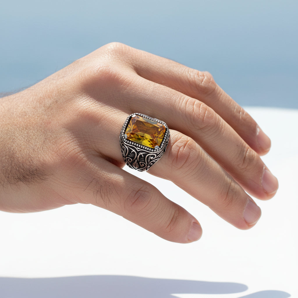 925 Ayar Gümüş Sarı Zirkon Taşlı Erkek Yüzük