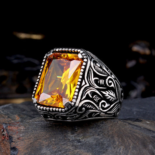 925 Ayar Gümüş Sarı Zirkon Taşlı Erkek Yüzük