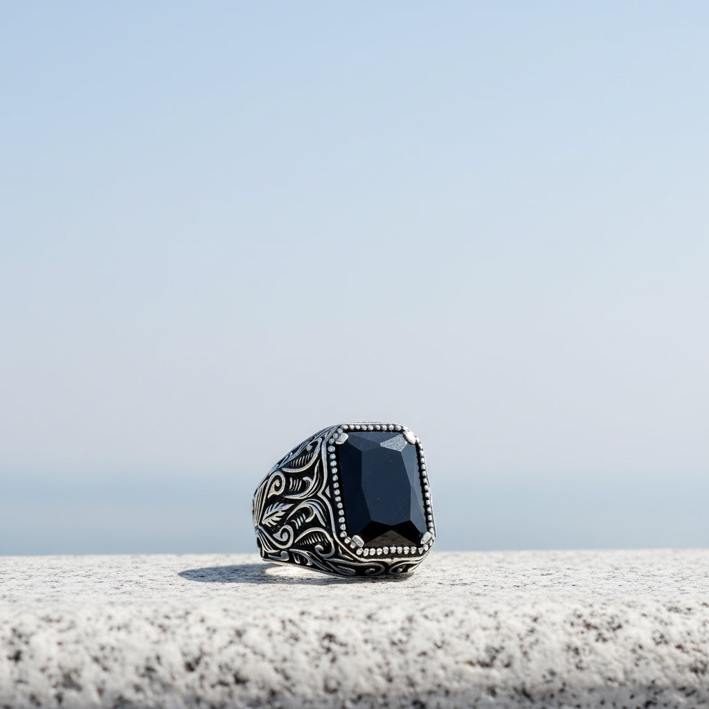 925 Ayar Gümüş Siyah Zirkon Taşlı Erkek Yüzük