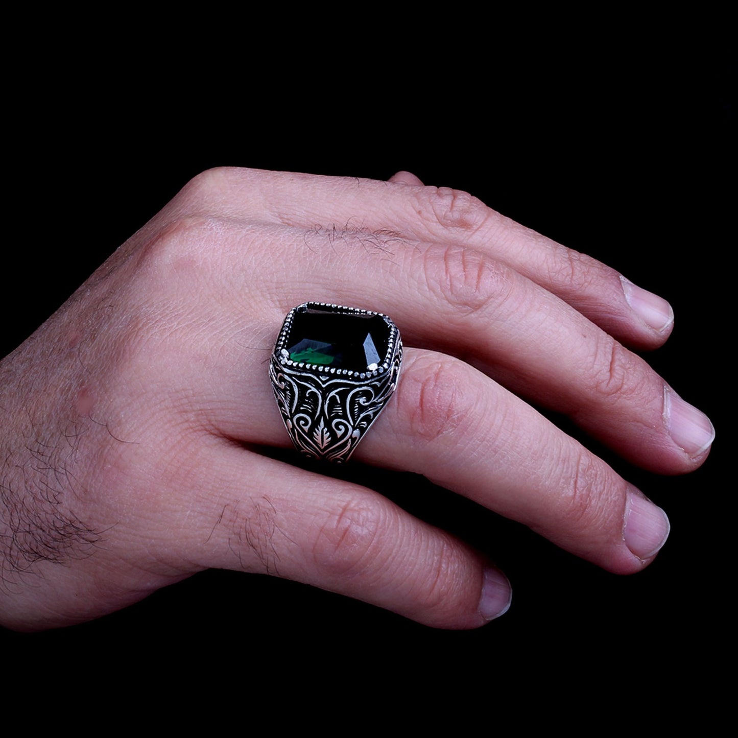 925 Ayar Gümüş Yeşil Zirkon Taşlı Erkek Yüzük