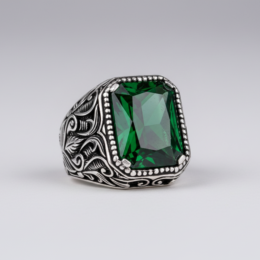 925 Ayar Gümüş Yeşil Zirkon Taşlı Erkek Yüzük