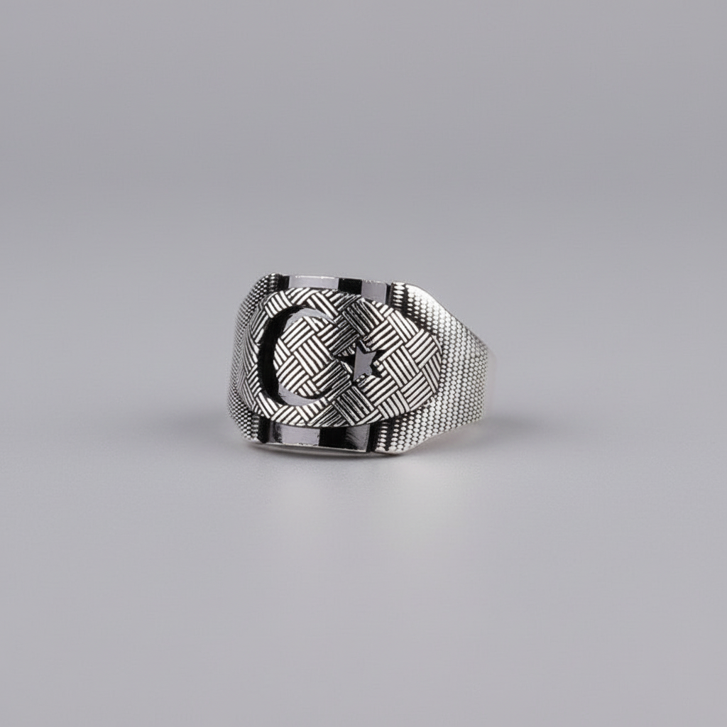 925 Ayar Gümüş Ayyıldız Zirkon Taşlı Erkek Yüzük