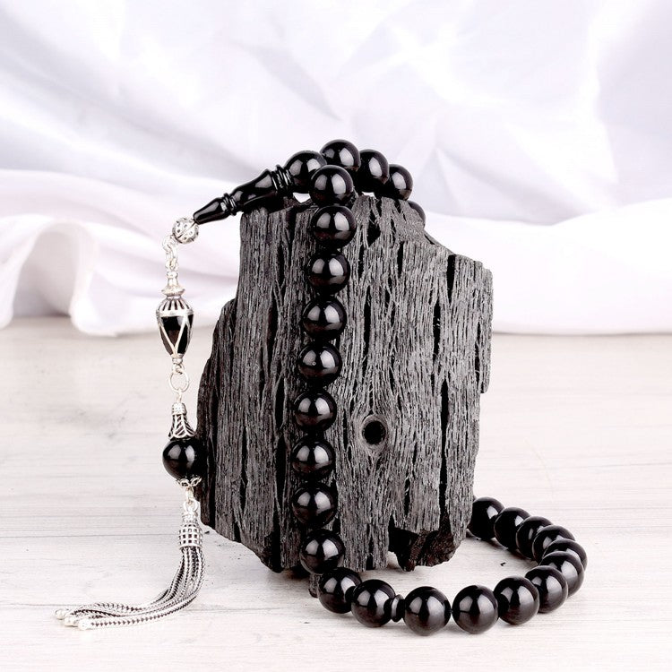 Mineli Püsküllü Ateş Kehribar Tesbih (925 Ayar Gümüş) 9mm Siyah