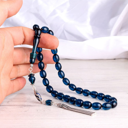 Mineli Püsküllü Mavi Ateş Kehribar Tesbih